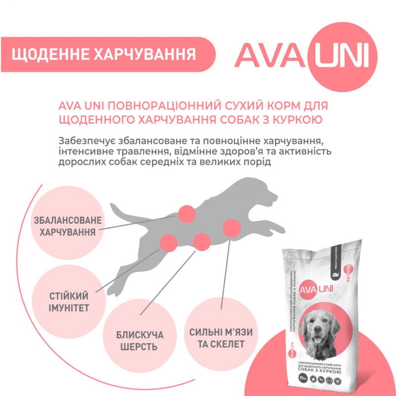 AVA UNI – сухой корм для собак с курицей. Вес 1 кг