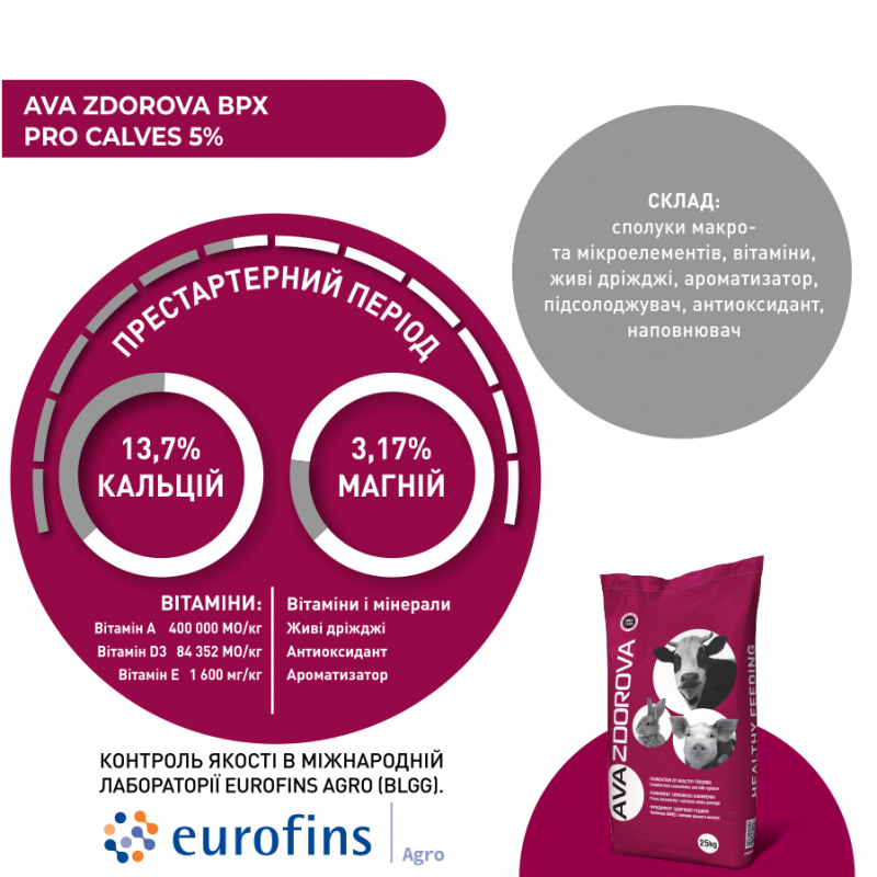 AVA ZDOROVA ВРХ PRO Calves 5% - премикс для престартерного комбикорма телятам возрастом 5-85 дней